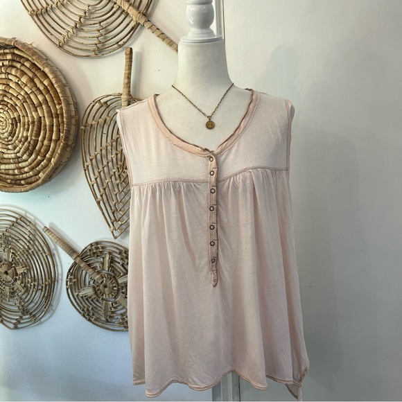 We The Free Rayon Linen Sleeveless Henley Tank Top Blush Pink L Boho Summer - Picture 1 of 7